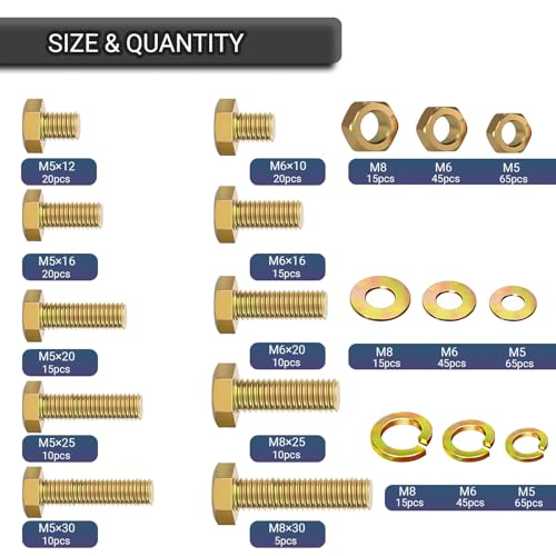 540 pcs Metric Bolt and Nut Set - M5/M6/M8 Class 8.8 Heavy Duty Hexagon Bolts and Nuts Assortment Kit with Yellow Zinc Plated Coating - size: M5/M6/M8