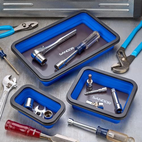 Collapsible Magnetic Parts Tray Set - 3 Different Size Tool Trays - Blue - color: Blue