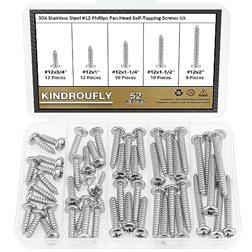 52 Pieces #12 x 3/4" 1" 1-1/4" 1-1/2" 2" Phillips Pan Head Self-Tapping Screws, Wood Screws Assortment Kit, 304 Stainless Steel - size: #12