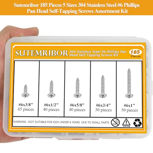 185 Pieces #6 x 3/8" 1/2" 5/8" 3/4" 1" Wood Screws Set, Phillips Pan Head #6 Self-Tapping Screws Assortment Kit, 304 Stainless Steel - size: #6, style: Phillips Pan Head