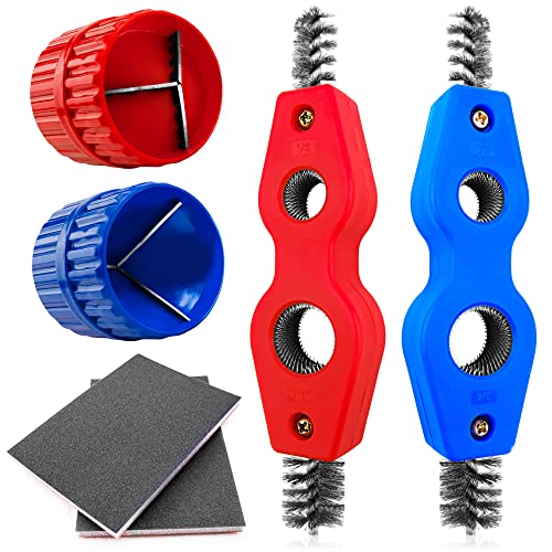 6 Pieces Copper Pipe Cleaner and Reamer Value Set - 2 Pcs Copper Pipe Cleaner, 2 Pcs Reamer and 2 Pcs Sanding Sponge, 4 in 1 Pipe Deburring Brush Tools for Plumbing PVC PPR Brass Aluminum Pipes
