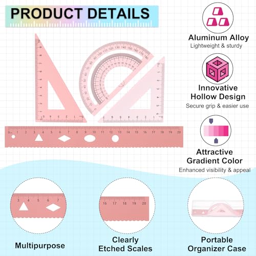 PATIKIL Geometry Set, 2 Pack 8 Inch Aluminum Ruler & 4 Triangles, Metal Protractor Ruler Math Drafting Measuring Tool for Home Office Math Drawing Engineering Art,Gradient Pink - color: Gradient Pink, size: 8 Inch