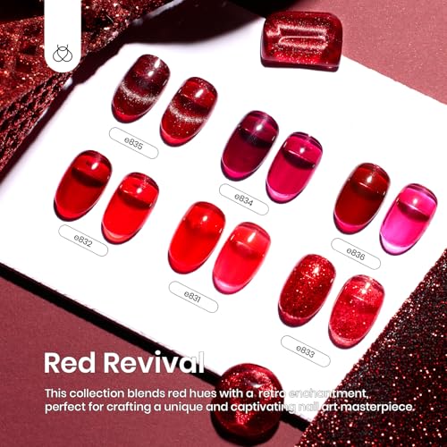 Beetles Red Gel Nail Polish Set, 6 Colors Jelly Gel Polish with Magnet - color: A - Red Jelly | Red Revival