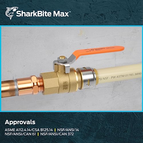 SharkBite Max 3/4 x 3/4 Inch Ball Valve with FNPT Connector, Push to Connect Brass Plumbing Fitting, PEX Pipe, Copper, CPVC, PE-RT, HDPE, UR22186A - size: 3/4 in. x 3/4 in., style: SharkBite Max