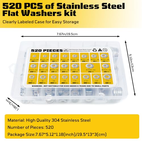 Fender Washers, 520 Pcs SAE + Metric 23 Sizes Flat Washers Assortment Kit, 304 Stainless Steel Washers for Screws and Bolts (M3, M4, M5, M6, M8, M10, M12, #6, #8, #10, #12, 1/4", 5/16", 3/8", 1/2") - size: 520 pcs Washers Kit