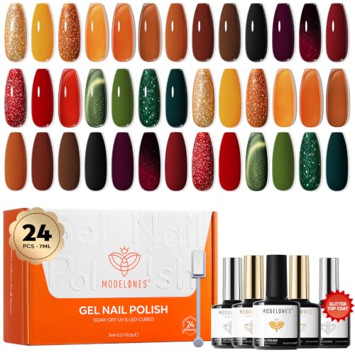 modelones Gel Nail Polish Set Jelly Glitter 20 Colors Primer Top Base Coat - color: A0-Autumn Colors