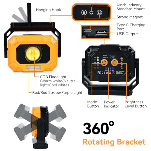 Adelante 2 Pack Magnetic Work Lights, 1500LM Rechargeable Mechanic Lights