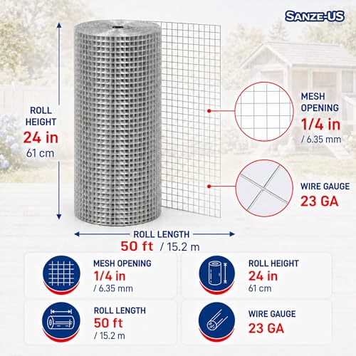 Sanzeus Hardware Cloth, 1/4 Inch 24in x 50ft 23 Gauge, Double-Layer Hot-Dip Galvanizing After Welding, Chicken Wire Fence Wire Mesh Poultry Netting Garden Fence Tree Guard Rolls - size: 1/4inch 24in×50ft