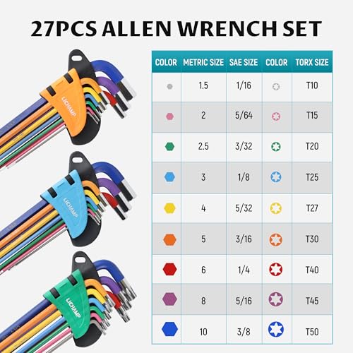 Lichamp 27Pcs Color Coded Hex Key Set, SAE & Metric, Long Arm Ball & Torx