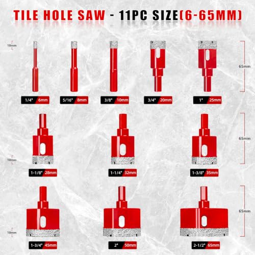 Tile Hole Saw Kit, 11Pcs Vacuum Brazed Diamond Hole Saw Kit (1/4"-2-1/2") - size: 6/8/10/20/25/28/32/35/45/50/65MM
