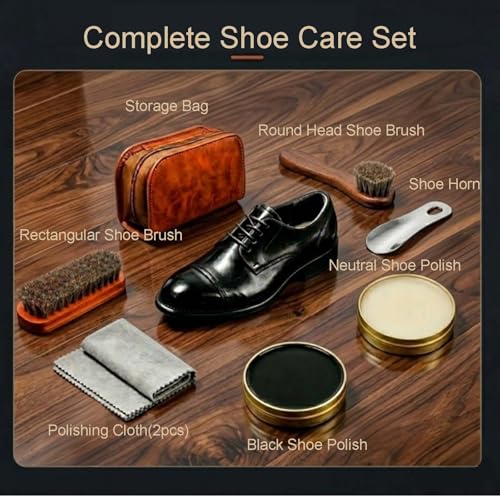 shoe care kit horsehair brush,long-handled round brush,white & black polish,polishing cloth,shoe horn,storage box. - color: White+black