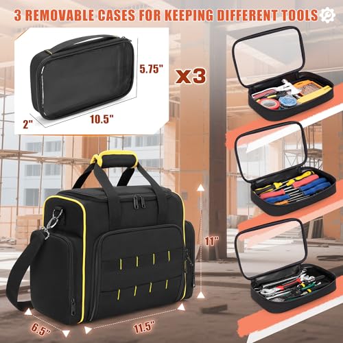 Marscamd Tool Bag with 3 Removable Cases, 2 Layers Tool Tote for Hand Tools - color: Black with Yellow Binding