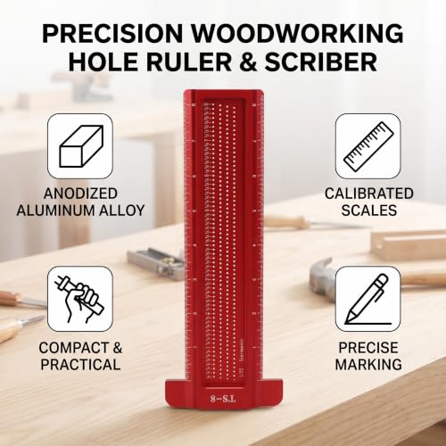 TS-8 Precision Marking T-Rule Aluminum Alloy Hole Positioning Scribing Gauge Woodworking Ruler Marking Gauge Measuring Tool(Red)