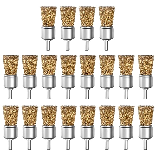 ATOPLEE 20pcs Brass Coated Wire Brush Wheel & Cup Brush Set with 1/4 Inch Round Shank,Diameter 1''(25mm) Crimped Wire Brush Wheel for Rust Removal, Corrosion and Scrub Surfaces,for Drill Attachment - style: 25mm,20pcs