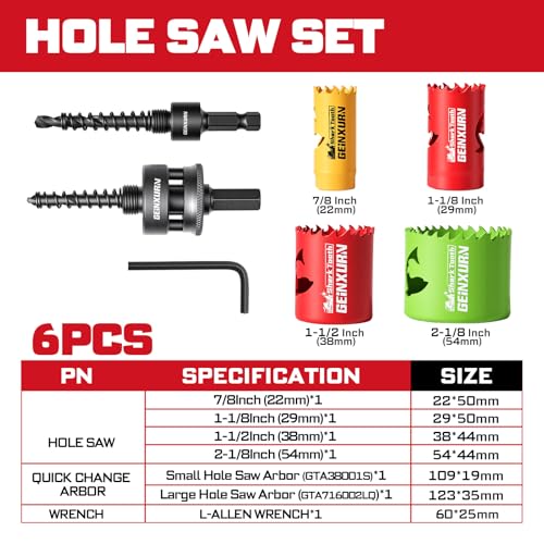 Geinxurn 7PCS Hole Saw Kit 7/8'' to 2-1/8'' (22mm-54mm) with Hole Saw Mandrel and Hex Wrench,HSS Bi-Metal Hole Cutter with Shark Tooth for Wood,Drywall, PVC Boards and Thin Metal - color: 7PCS 7/8“-2-1/8” Hole Saw Set with Mandrel