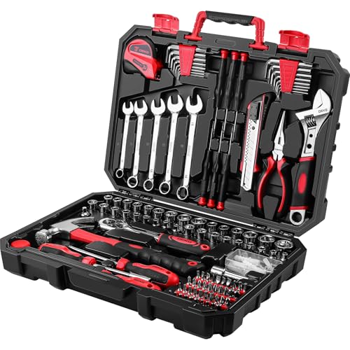 DEKOPRO Tool Set:158 Piece Home Tool Kit, Household Basic Repair Tool Set Comes with Plastic Storage Case-Red - color: Red