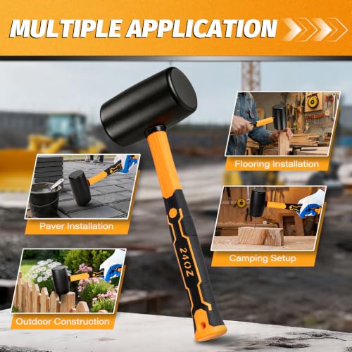24 OZ Rubber Mallet Hammer, GIFT GLOVES. | Solid Head & Non-Slip Ergonomic Grip Handle, Soft Face Hammer For Woodworking, Flooring, Tiling, Camping and More - style: 24 OZ Rubber Mallet Hammer