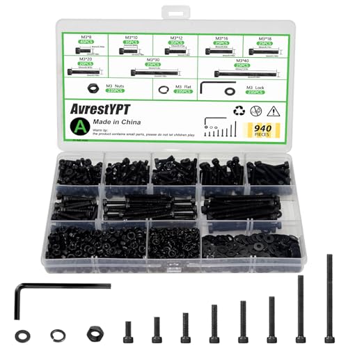 940PCS M3 Screws Assortment Kit, M3x8/10/12/16/18/20/30/40 mm Hex Socket Head Bolts, Nuts & Washers Assorted Set - 12.9 Alloy Steel Black Zinc Plated M3 Screw for 3D Printer,DIY - size: M3 x 8/10/12/16/18/20/30/40-940Pcs