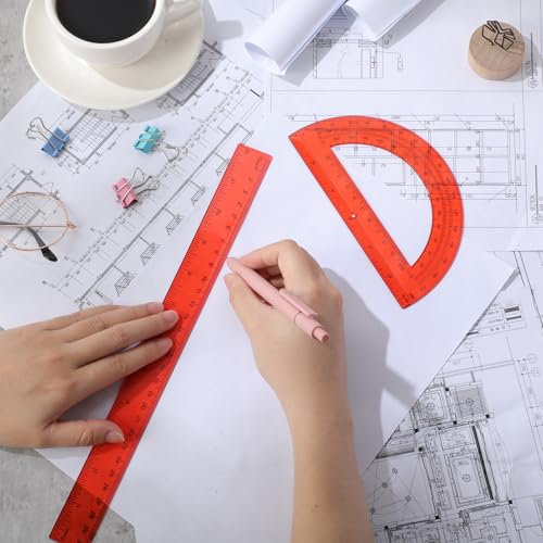 Zonon 2 Pcs 12 Inch Clear Ruler and 6 Inch Plastic Protractor Set, Red - color: Red