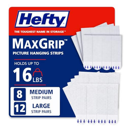 Hefty Picture Hanging Kit - 8 Medium & 12 Large Pairs, Holds Up to 12 & 16 lbs | Picture Hangers & Kit for Home Decor - Picture Hanging Hardware for Superior Adhesion on Frames, No Nails - size: Combo - 8M & 12L Pairs