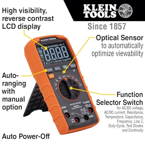 Klein Tools MM720 Digital Multimeter, Auto-Ranging TRMS, Low Impedance (LoZ), 1000V AC/DC Voltage, 10A AC/DC Current, 60 MOhms Resistance - size: Digital Multimeter