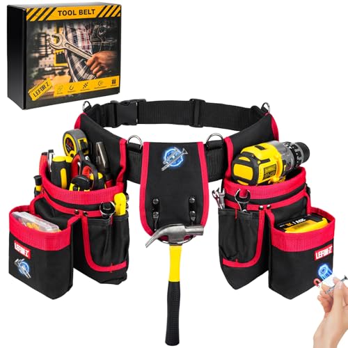 Tool Belt with 4 D-Rings,27-Pockets Tool Belts for Men,Construction - color: Red & Black, size: 27 Pockets with Magnet Pouch