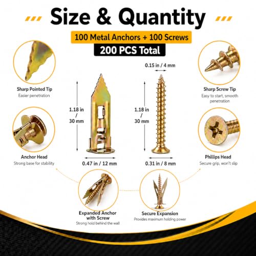 Jyphorixal 200 PCS Self Drilling Drywall Anchors with Screws Kit, Heavy Duty Metal Wall Anchors for Drywall, Sheetrock Anchors 0.47x1.18inch with Screws, No Drill Dry Wall Anchors and Screws Kit - size: 200Pcs 0.47X1.18inch