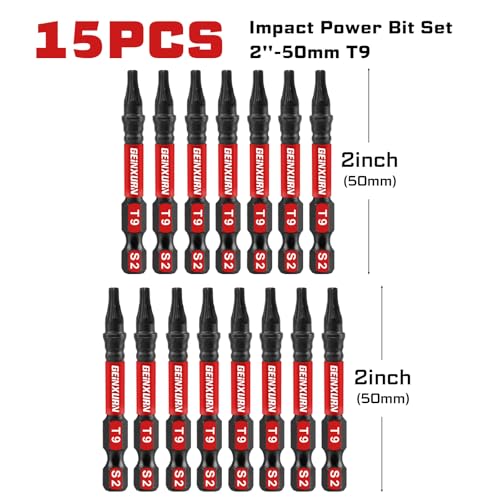 Geinxurn 15 Pieces T9 Impact Tough Magnetic Screwdriver Bit Set, 2 In. #9 Torx Head power Bit Set, S2 Alloy Steel T9 Star Bit - size: 2"-15PCS, style: T9
