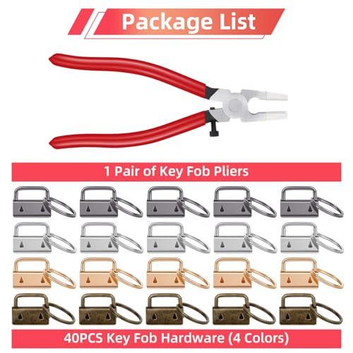 40 Sets Key Fob Hardware, 1 Inch Keychain Hardware with Glass Running Pliers for Key Chain, Lanyard & Wristlet Making Supplies (4 Colors)