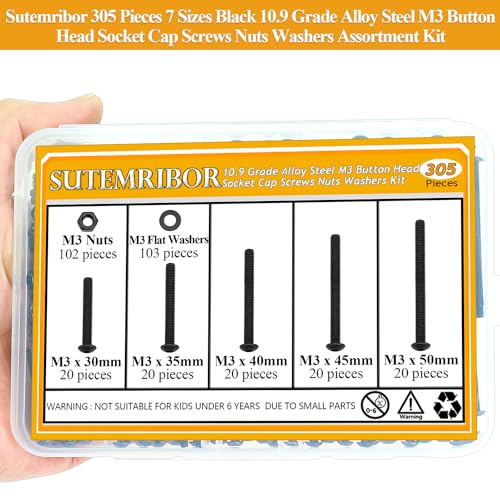 305 Pieces M3 x 30/35/40/45/50mm Button Head Socket Cap Screws Nuts Washers Set Black, Sutemribor M3 Long Screws, M3 Black Screws Nuts Washers Assortment Kit, 10.9 Grade Alloy Steel, Fully Threaded - size: M3 x 30-50mm, style: Button Head