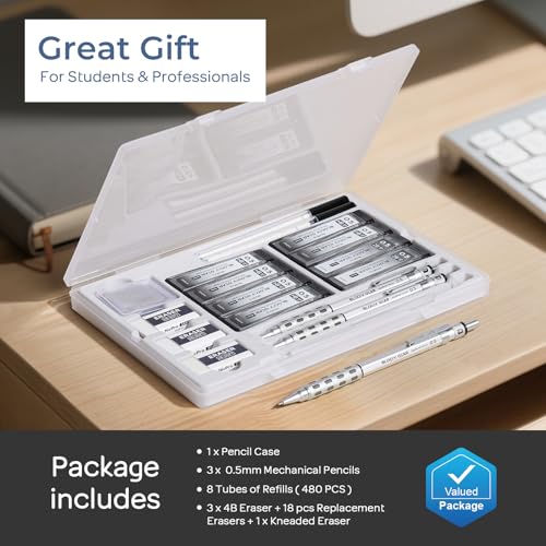 Nicpro 3 Pack Blocky Gear 0.5 mm Metal Mechanical Pencils Set with Case - style: 0.5mm