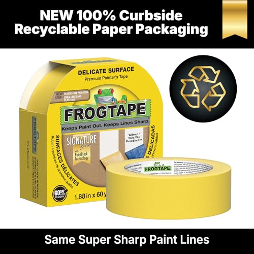 FrogTape Delicate Surface Painters Tape with PAINTBLOCK, 2 in Wide (1.88 in x 60 yd), Low Adhesion, Painting Tape Ideal for Freshly Painted Walls, Trim & Surfaces, Yellow, 1 Roll (280222) - size: 1 Roll, 1.88” Width