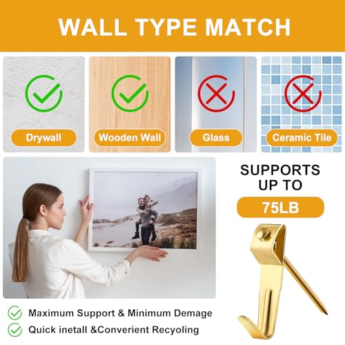 KURUI Picture Hangers, 385Pcs Picture Hanging Kit with Heavy Duty Picture Hanging Hooks, Sawtooth, Hardware Nails and Picture Hanging Tool, Wall Hangers for Frame, Painting, Art, Photo (Gold) - color: Gold