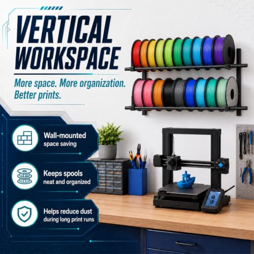 3D Printer Filament Storage Rack Wall Mount, 2 Tier Foldable Metal Shelving with Adjustable Hole Spacing for TPU ABS Nylon, 3D Printer Accessories for Studio Garage Workshop