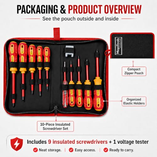 10-Piece 1000V Insulated Screwdriver Set, Magnetic Tip Electrician Screwdriver Set - style: Red yellow With Bag