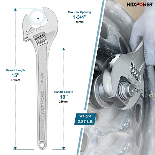 MAXPOWER 15" Adjustable Wrench, 1-3/4" Jaw Opening, Tapered Handle | Adjustable Spanner with SAE/Metric Scales, Polished Finish, and Comfort Grip – Perfect for Plumbing, Nuts, and Pipes - size: 15"