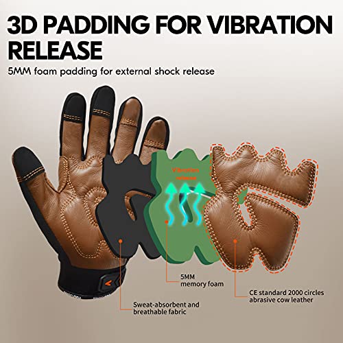 Vgo... 1-Pair Safety Work Gloves for Men,Anti-Vibration,Abrasion Resistant,Leather Work Gloves (XL,Brown, CA9765) - size: X-Large (Pack of 1), style: Brown&black-cow Leather