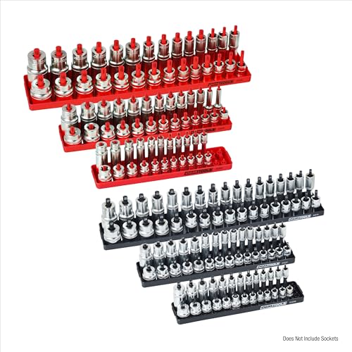 OEMTOOLS 22234 6-Pc SAE & Metric Socket Tray Set for Sizes 1/4", 3/8”, 1/2" - color: Red and Black