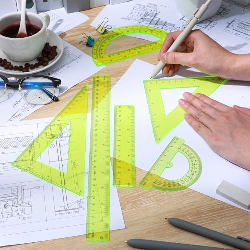 Tenare 6 Pcs Math Geometry Ruler Straight Protractor Triangle, Yellow - color: Yellow