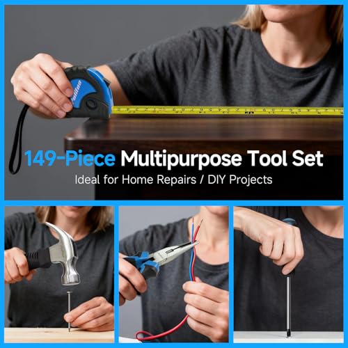 PULITUO Tool Set, 149-Piece Home Drill Set with Blue 12V Cordless Drill, Tool Box, Hand Tool Kits for Women & Men and DIY Enthusiasts, for Home Improvement - style: 12V Set(Blue)