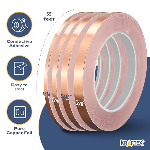 Kraftex Copper Tape 3/16 1/4 5/16 and 3/8 inch x 55ft 4pk. Copper Foil Tape for Stained Glass Soldering with Conductive Adhesive. Great Shielding for Guitars, EMI Shielding, Jewlery Making and Crafts - size: 3/16, 1/4, 5/16 and 3/8 inch x 55ft 4pk