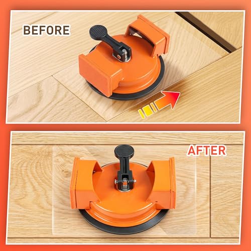 Floor Gap Fixer Tool, Heavy-Duty Plank Grabber for Laminate, LVP & Vinyl | Iron body with felt strike pads, locking suction cup and six washable adhesive pads