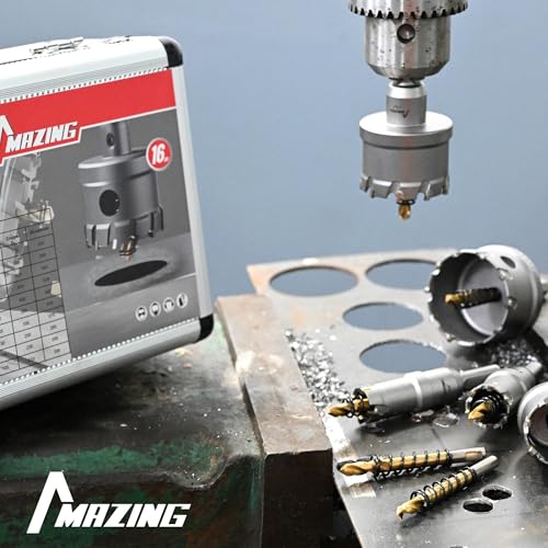 MAZING 16PCS TCT Hole Saw Kit for Hard Metal, 5/8"-2-1/8" Carbide Tungsten Carbide Tipped Hole Saw Set, Heavy Duty Hole Cutter Set for Cutting Stainless Steel, Iron, Copper, Aluminum, Sheet Metal