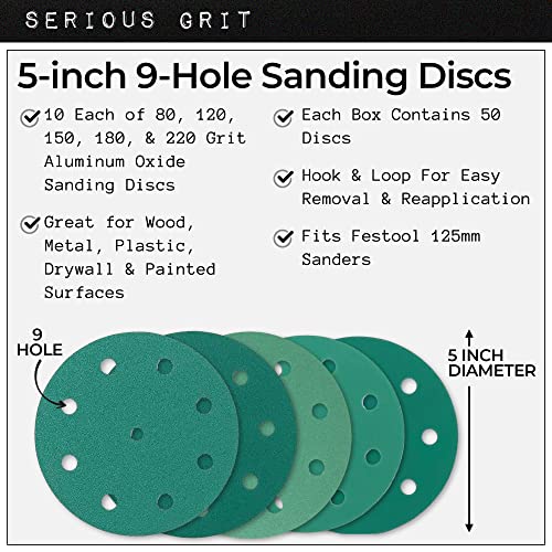 Serious Grit - 5-Inch 9-Hole Sanding Discs - P80-220 Assortment - 50 Pack - size: Mixed Grit