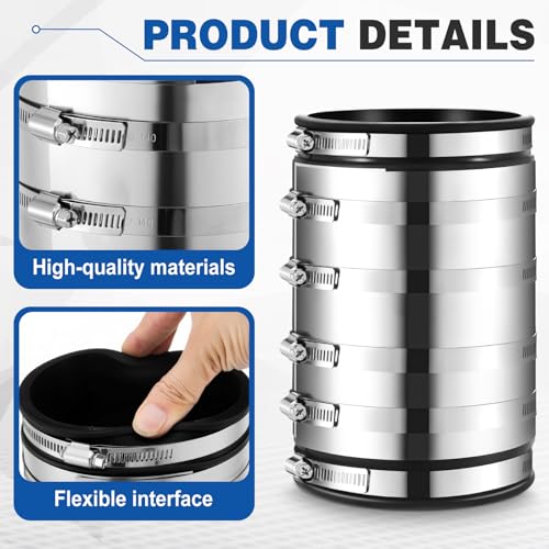 Kingdder 1 Pcs 4 Inch XL Shielded Flexible Coupling, Below-Ground Pipe Connector for PVC, Cast Iron, Steel Pipes, DWV Sewer Drain, Fits OD 4.10-4.65 in - size: 4 Inch