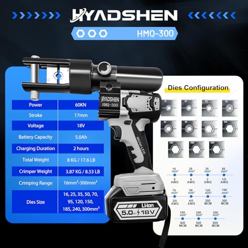 Electric Hydraulic Cable Lug Crimping Tool, Hydraulic Electrical Terminal Cable Lug Wire Crimper Rechargeable Crimping Tool Kits with 11 Dies, 6 AWG to 600 MCM（HMQ-300）