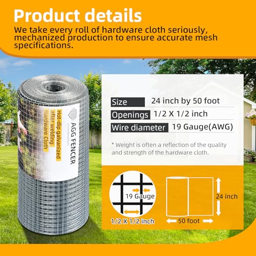 AggFencer 24inch x 50ft Hardware Cloth 1/2 inch Chicken Wire Fencing 19Ga - size: 1/2in 24in x 50ft