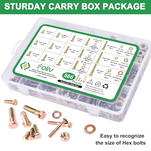 Foliv 566pcs Upgraded Grade 8 Bolt Assortment Kit, Including 1/4-20 5/16-18 3/8-16 Bolts Nuts Washers - size: 566pcs Grade 8 bolts 1/4-20 5/16-18 3/8-16