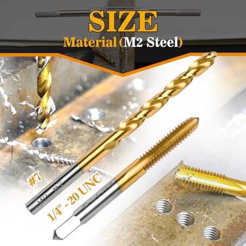 1/4"-20 UNC Tap and #7 Drill Bit Kit for Metal, M2 HSS Drill and Tap Set - size: 1/4"-20 Tap, #7 Drill