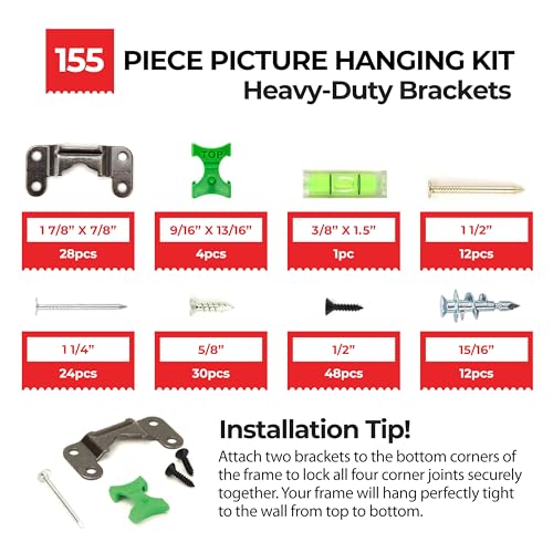 155-Piece Steel Picture Hanging Kit in Tackle Box, Hangs 12 Wooden Frames Up to 150 lbs, No Measuring Needed, Heavy-Duty Wall Hangers with Drywall Anchors, Hardware, and Level - size: 12 Frames Up to 150 lbs